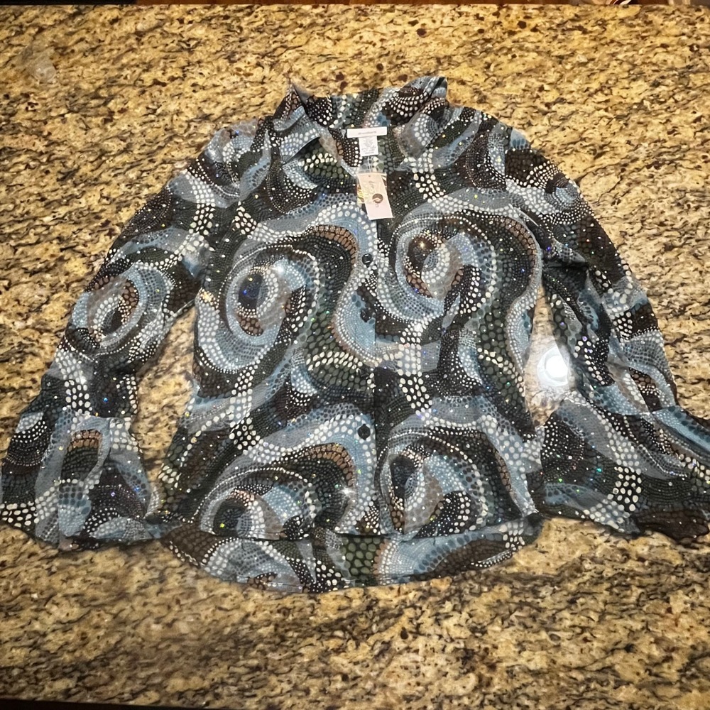 NEW Dressbarn Womens Blue Abstract Sequin Bell Sleeve Button Down Blouse Medium